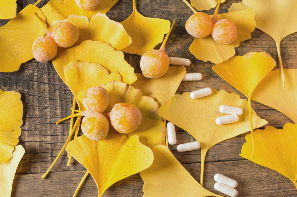 Jesenné listy a plody ginko biloba v kombinácií s liekmi vyrobenými z ginka.
