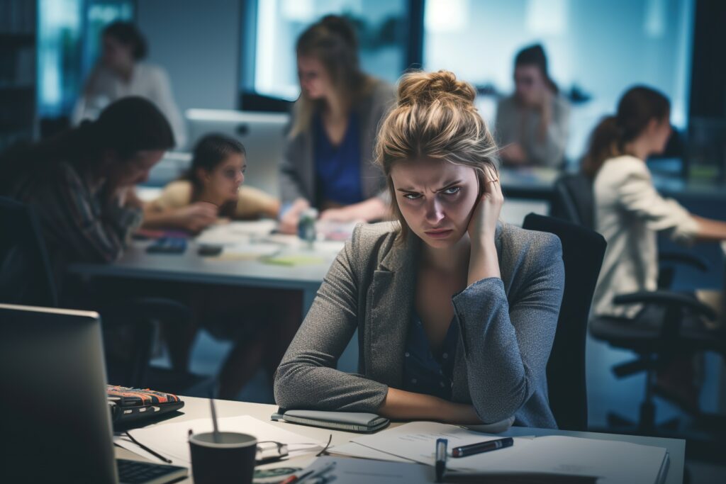 žena so syndrómom vyhorenia sediaca v práci 